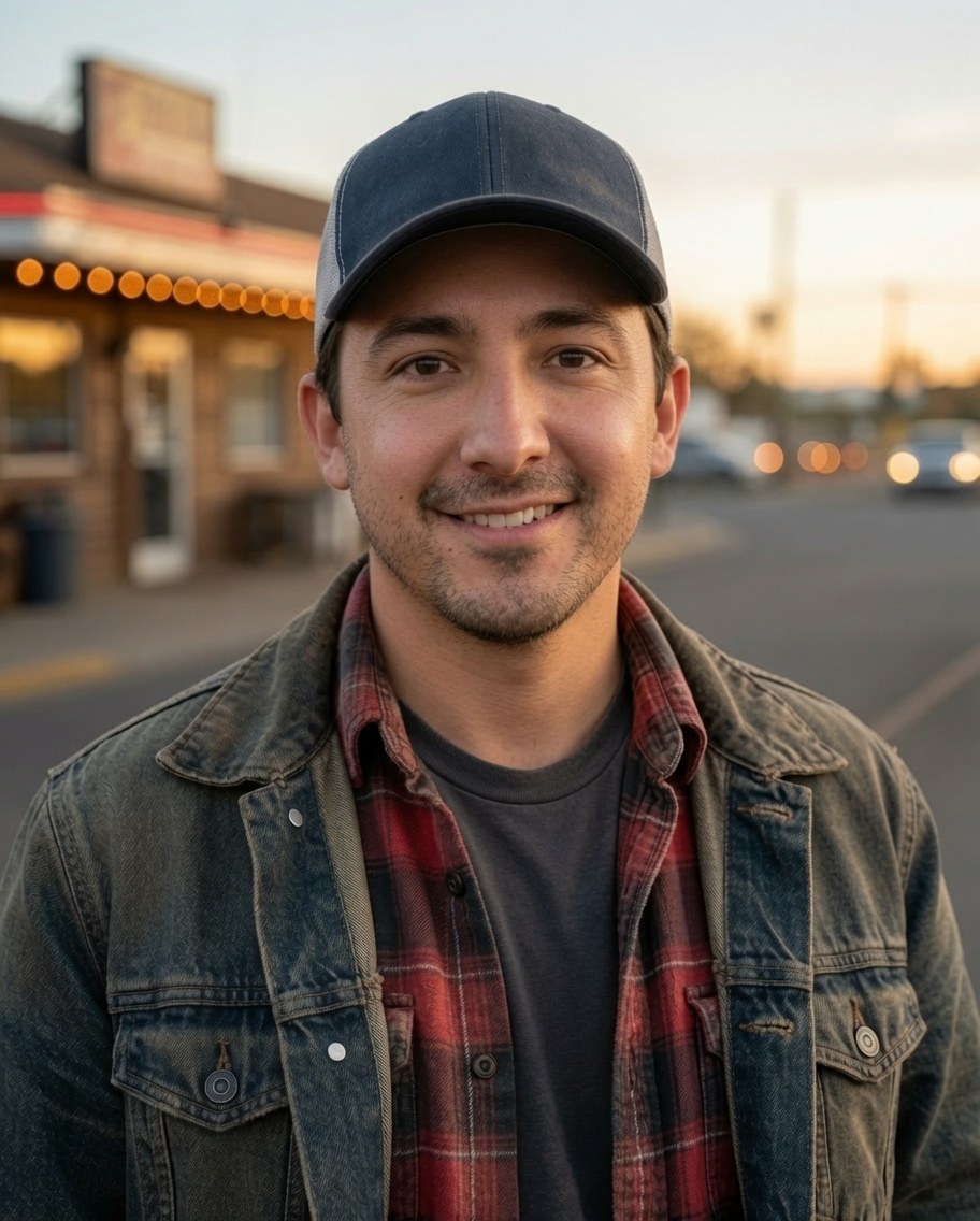 Josh, freight broker and AI coach, photographed at dusk